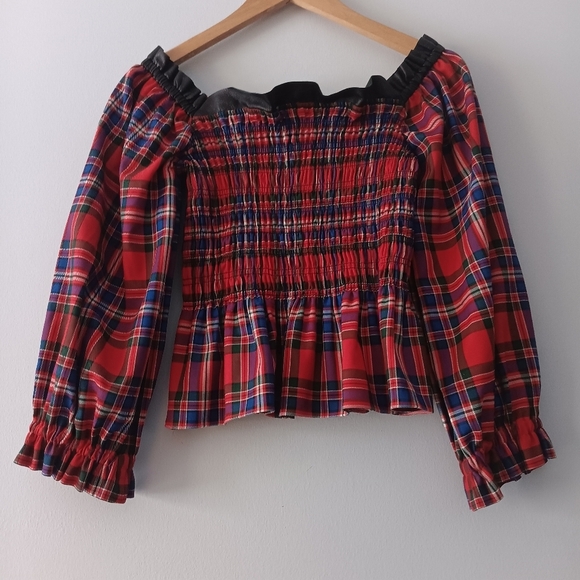 Tanya Taylor Red Plaid Smocked Peplum Cropped Blouse Leather Trim Size 2 - Picture 4 of 11